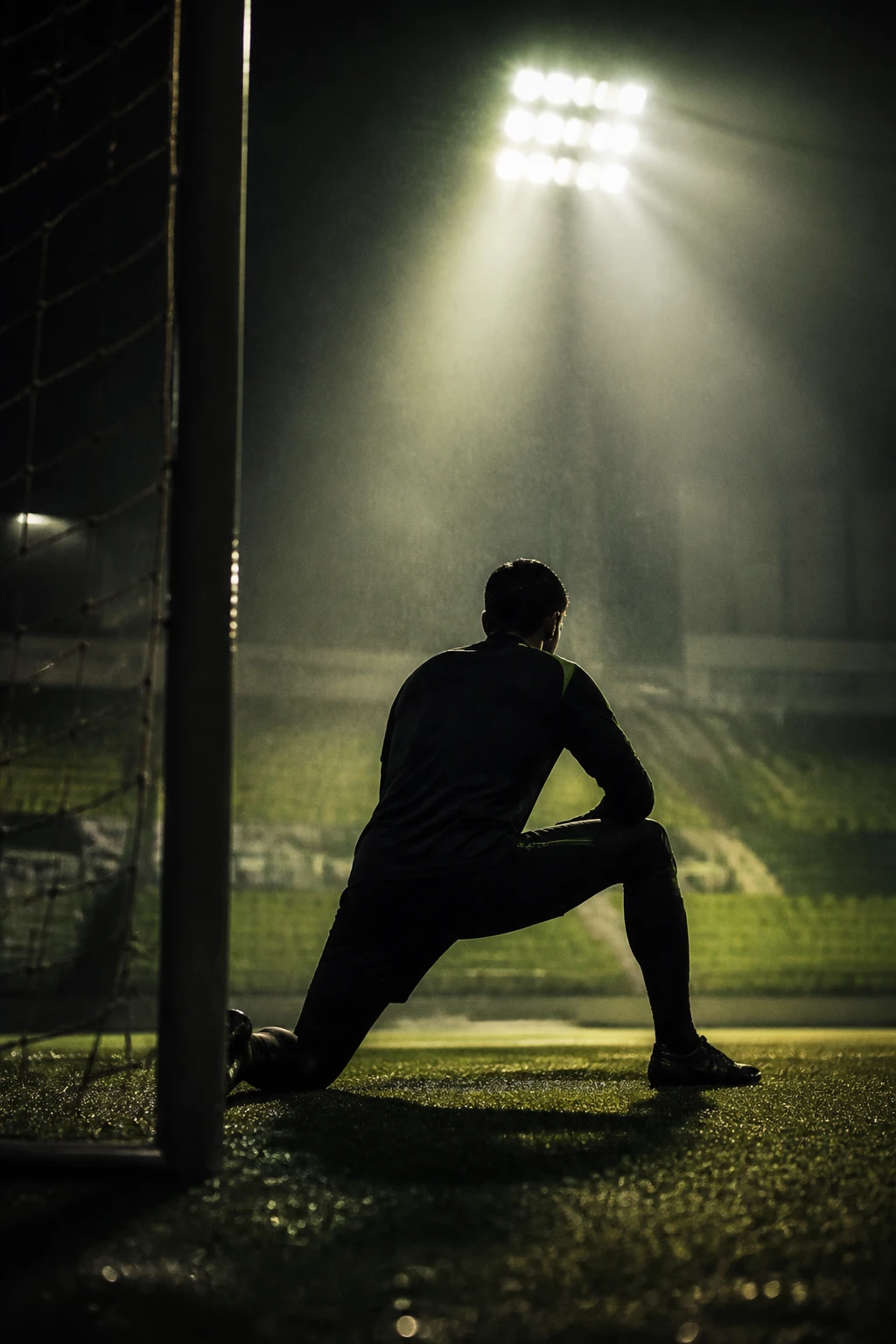 Arquero preparándose bajo los tres palos en un estadio nocturno