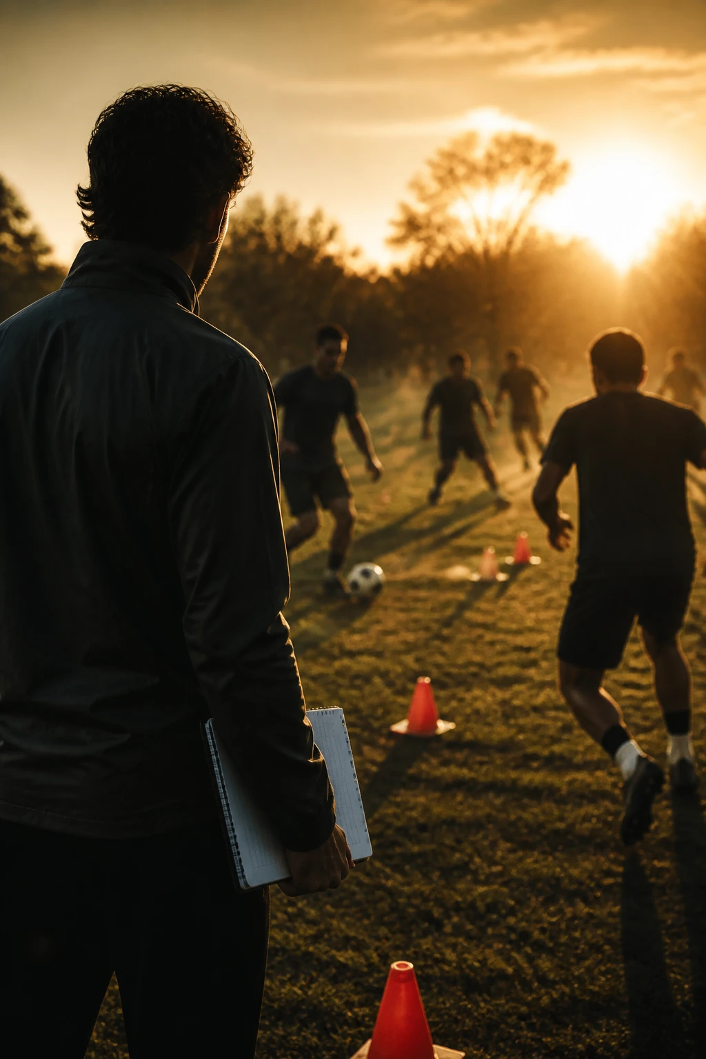 Jugadores amateur ejecutando un ejercicio con conos al atardecer