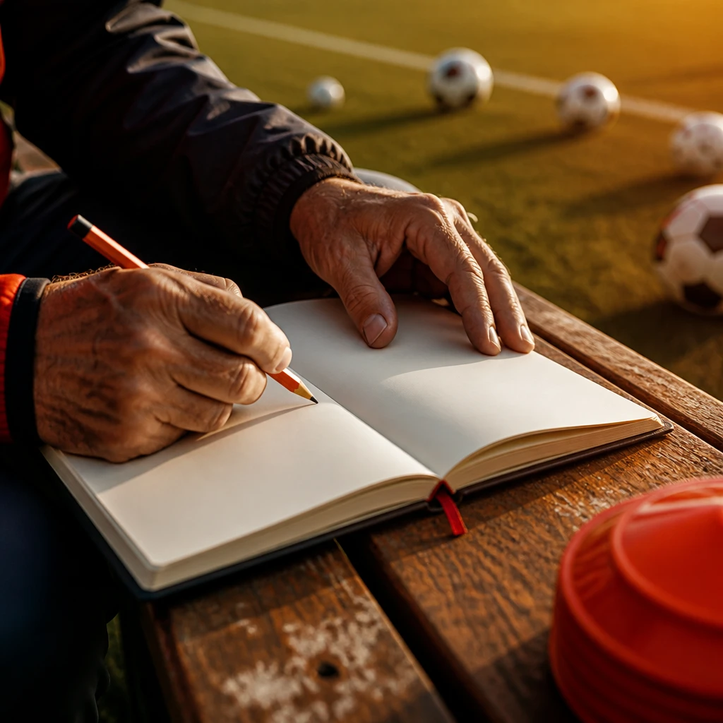 Manos de entrenador escribiendo en un cuaderno junto a la cancha
