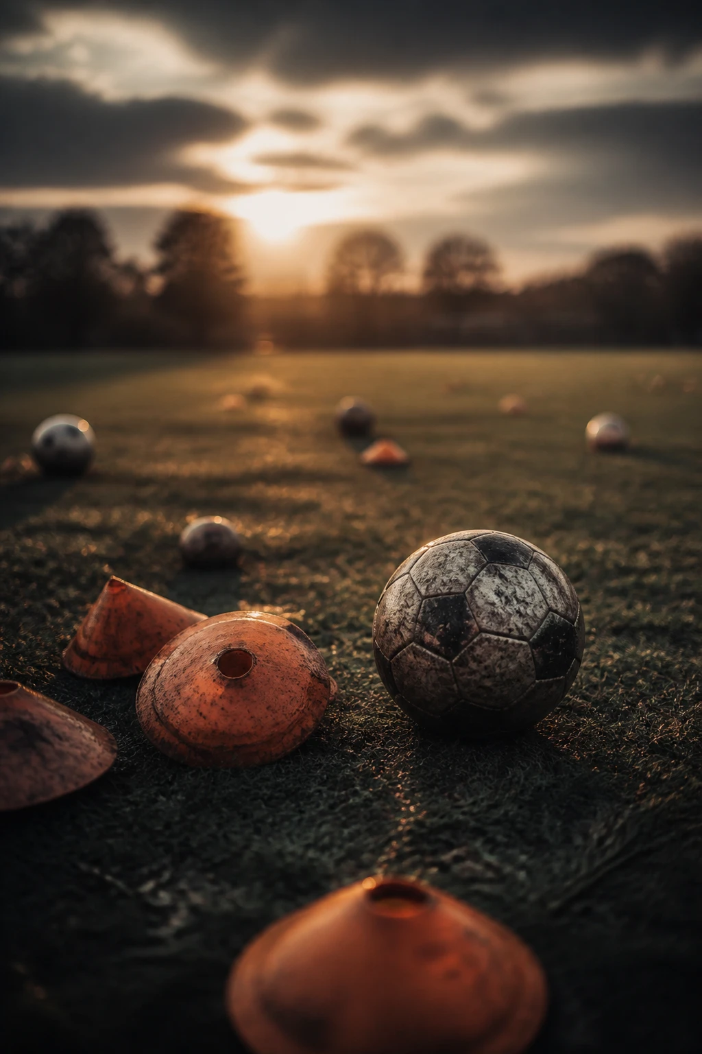 Conos y balón dispersos en una cancha al anochecer