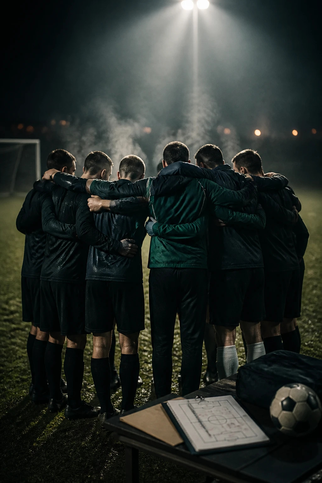 Equipo amateur reunido en círculo bajo las luces de la cancha